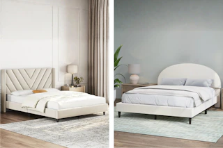 2 lifestyle images of upholstered beds from Walmart