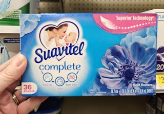 hand holding a box of suavitel dryer sheets at dollar general