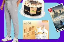 men's gray reebok sweats, dubai chocolate cake, Olay holiday pack, and Hogwarts Legacy game