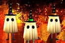 Set of 3 Halloween Hanging Ghosts, Halloween Decorations Outdoor Hanging Ghosts with Witch Hat,Glowing Ghost Witch Hat Lights