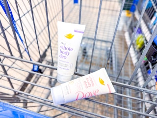 2 Dove Whole Body Deodorant Creams in a Walmart shopping cart