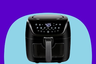 Black PowerXL Vortex Pro 8-quart Air Fryer on a blue and purple background.