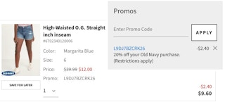 A screenshot of the cart of someone checking out on Old Navy's website, using a discount code to get 20% off.