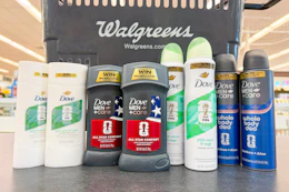 dove deodorants in front of a walgreens shopping basket