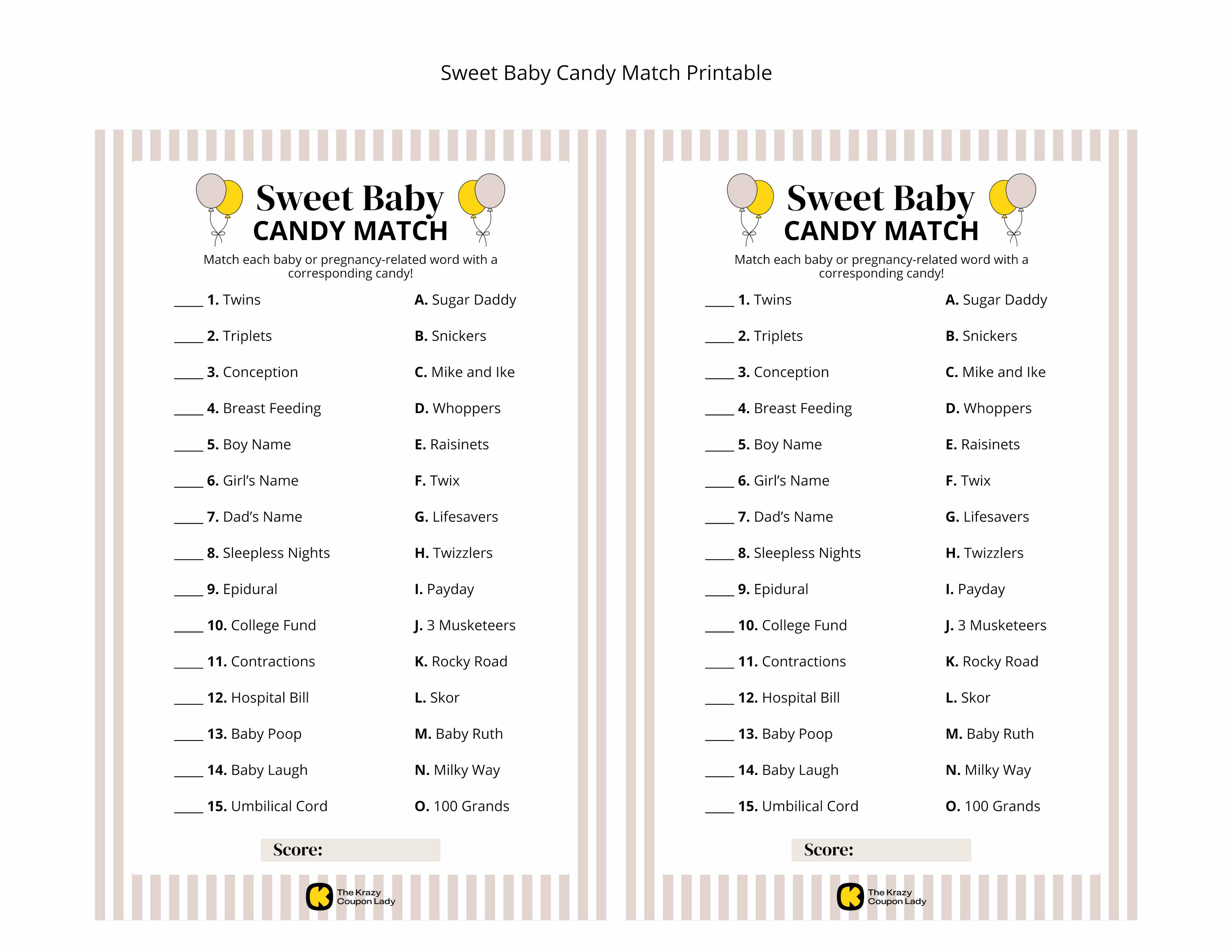 Sweet Baby Candy Match baby shower game