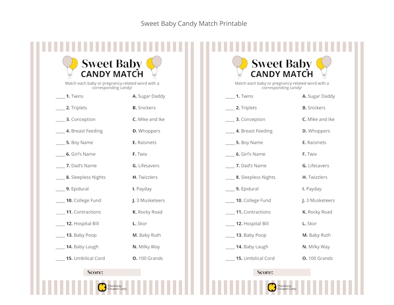 Sweet Baby Candy Match baby shower game