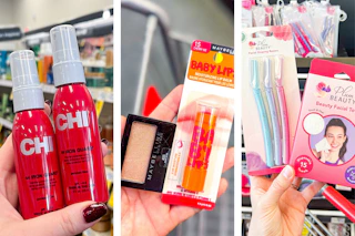 collage image of chi heat spray, maybelline makeup, and plum beauty razors and facial towels