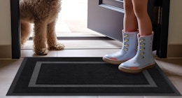 a dog and kid standing near a front door mat