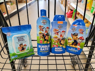 paw patrol nose wipes, bubble bath, body wash and shampoo in a cart