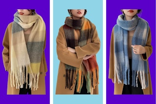 collage of people wearing blanket scarves on a purple and blue background