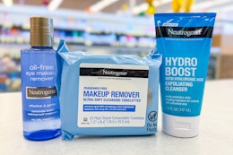 neutrogena makeup wipes and cleansers on a store counter