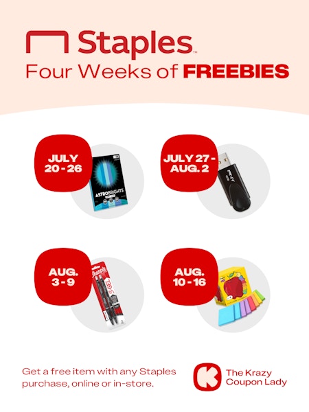 Calendar graphic of Staples four weeks of freebies with all four items listed