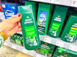 hand holding a bottle of irish-spring-body-wash at walmart