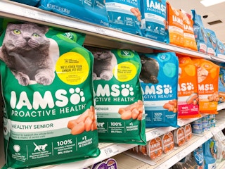 Iams cat food on a store shelf