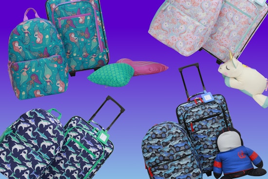mermaid, unicorn, shark, and car luggage sets for kids