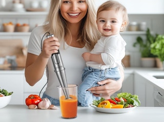a woman blending with a hand blender food while holding a baby in a kitchen
