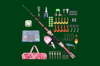 fishing pole, bag, and lures