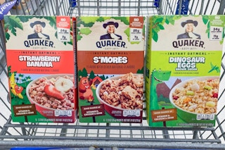 three boxes of quaker instant oatmeal flavors in walmart cart