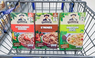 three boxes of quaker instant oatmeal flavors in walmart cart
