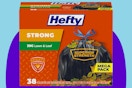 Hefty Strong Lawn & Leaf 39-Gal Trash Bags on a blue background.