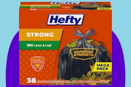 Hefty Strong Lawn & Leaf 39-Gal Trash Bags on a blue background.