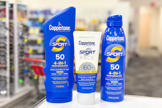 3 types of coppertone sunscreen on a shelf
