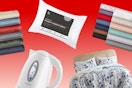 Sheet sets, bed pillow, throw blankets, bedding, and a tea kettle on a red background. 