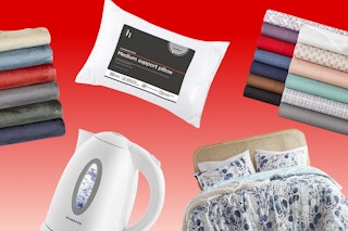 Sheet sets, bed pillow, throw blankets, bedding, and a tea kettle on a red background. 