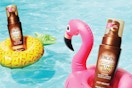 jergens tanning mousse on floaties in swimming pool