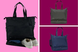 collage of weekender duffel bags on a pink background