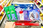 cottonelle toilet paper, irish spring body wash, loreal elvive shampoo, eucerin lotion, and oreo cookies in a cart