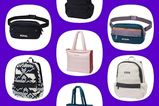 purple and white collage of columbia branded backpacks belt bags, and more