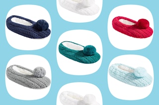 collage of pom pom slippers from Macy's