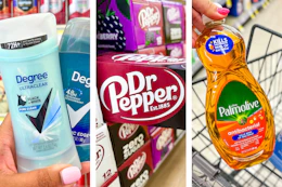 collage with Degree, Dr Pepper, and Palmolive products