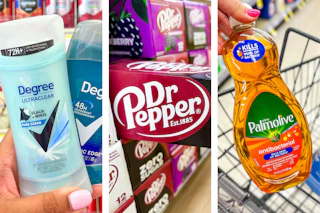 collage with Degree, Dr Pepper, and Palmolive products