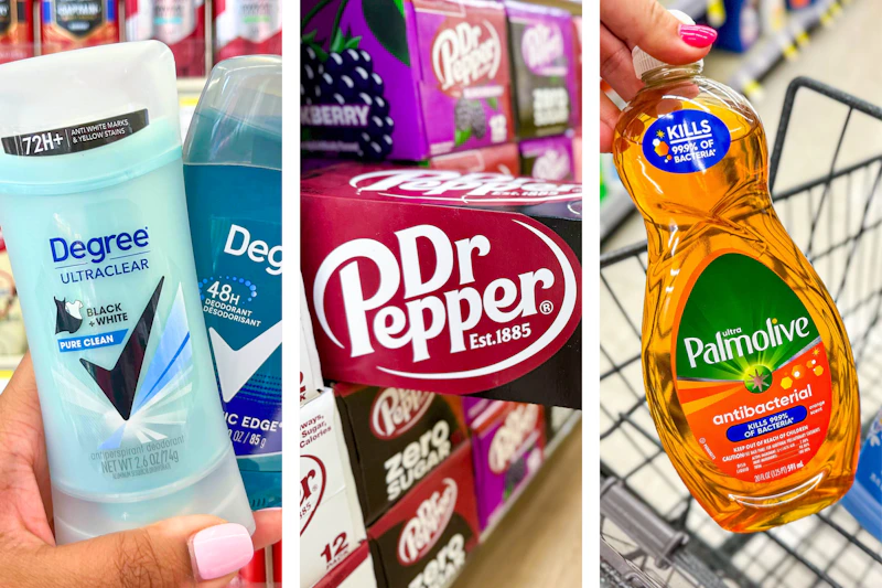 collage with Degree, Dr Pepper, and Palmolive products