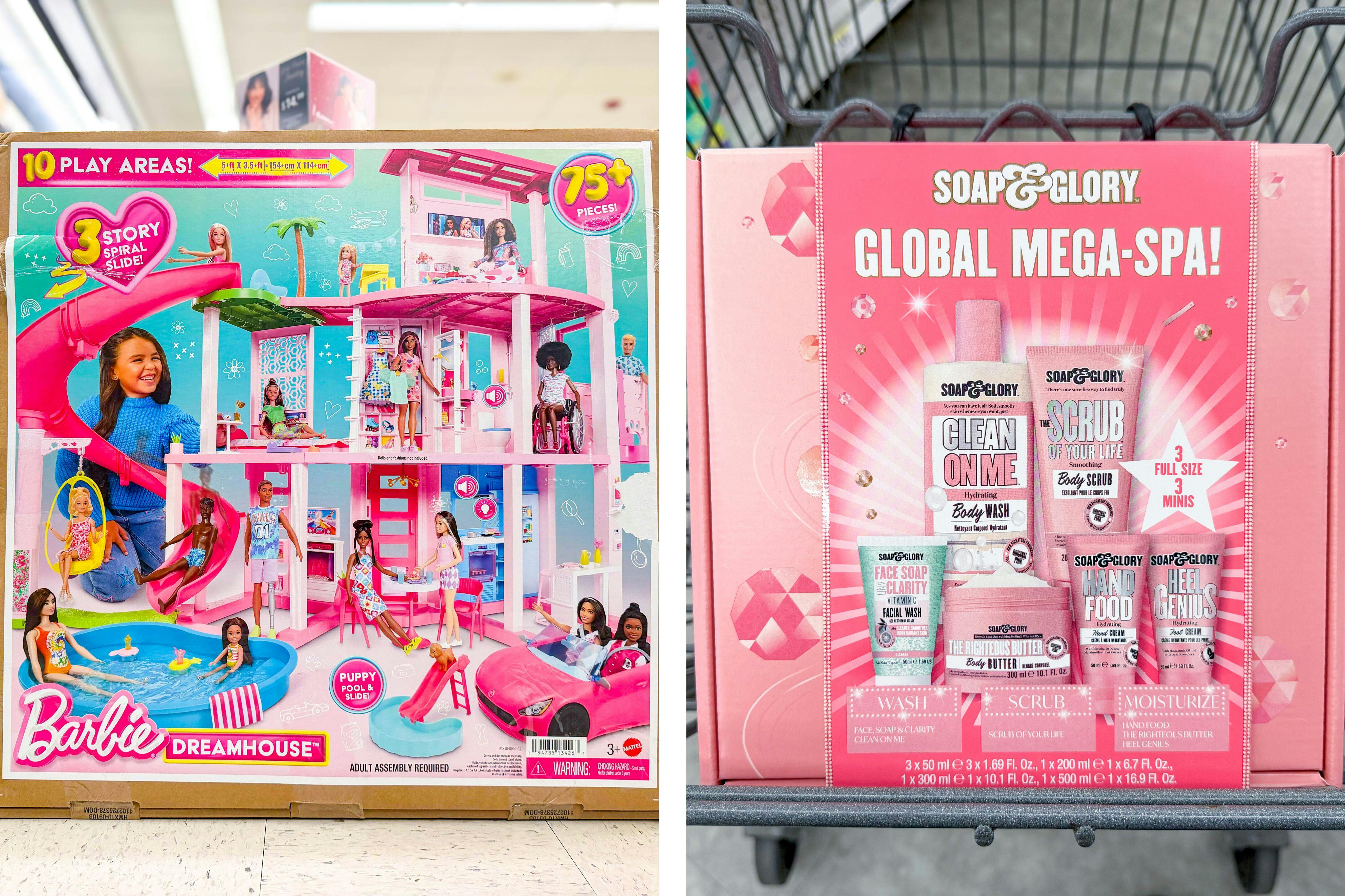 collage image of barbie dreamhouse and soap & glory gift set