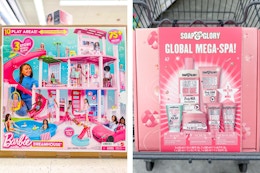 collage image of barbie dreamhouse and soap & glory gift set