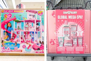 collage image of barbie dreamhouse and soap & glory gift set