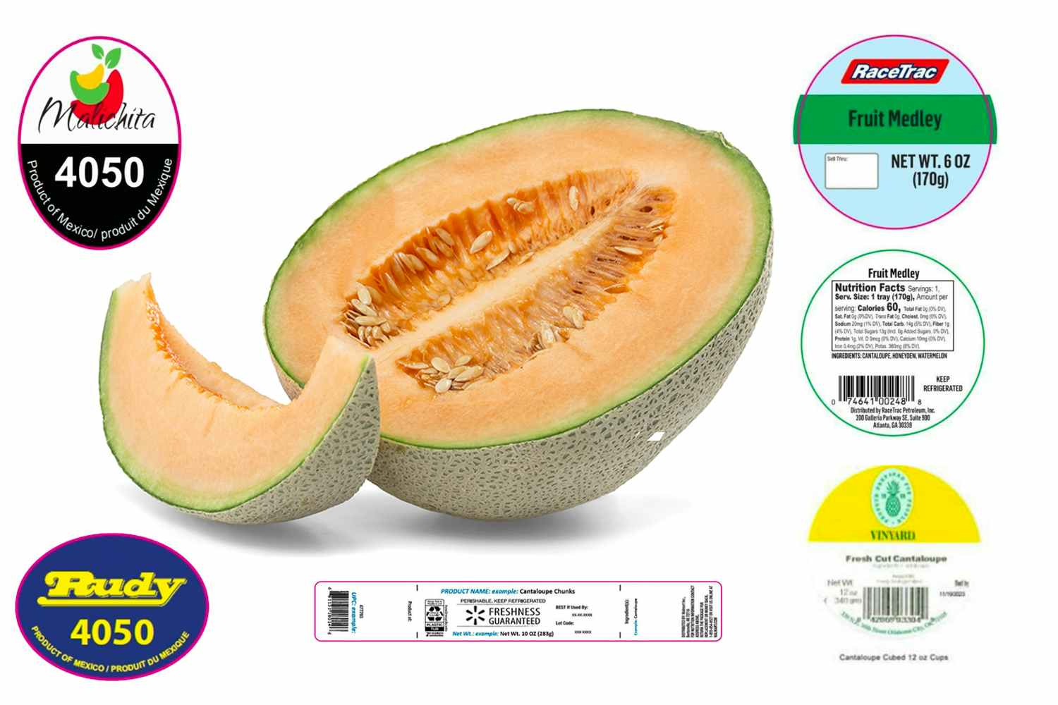 An image of a cantaloupe surrounded by graphics of the labels associated with products recalled in 2023 due to Salmonella concerns.