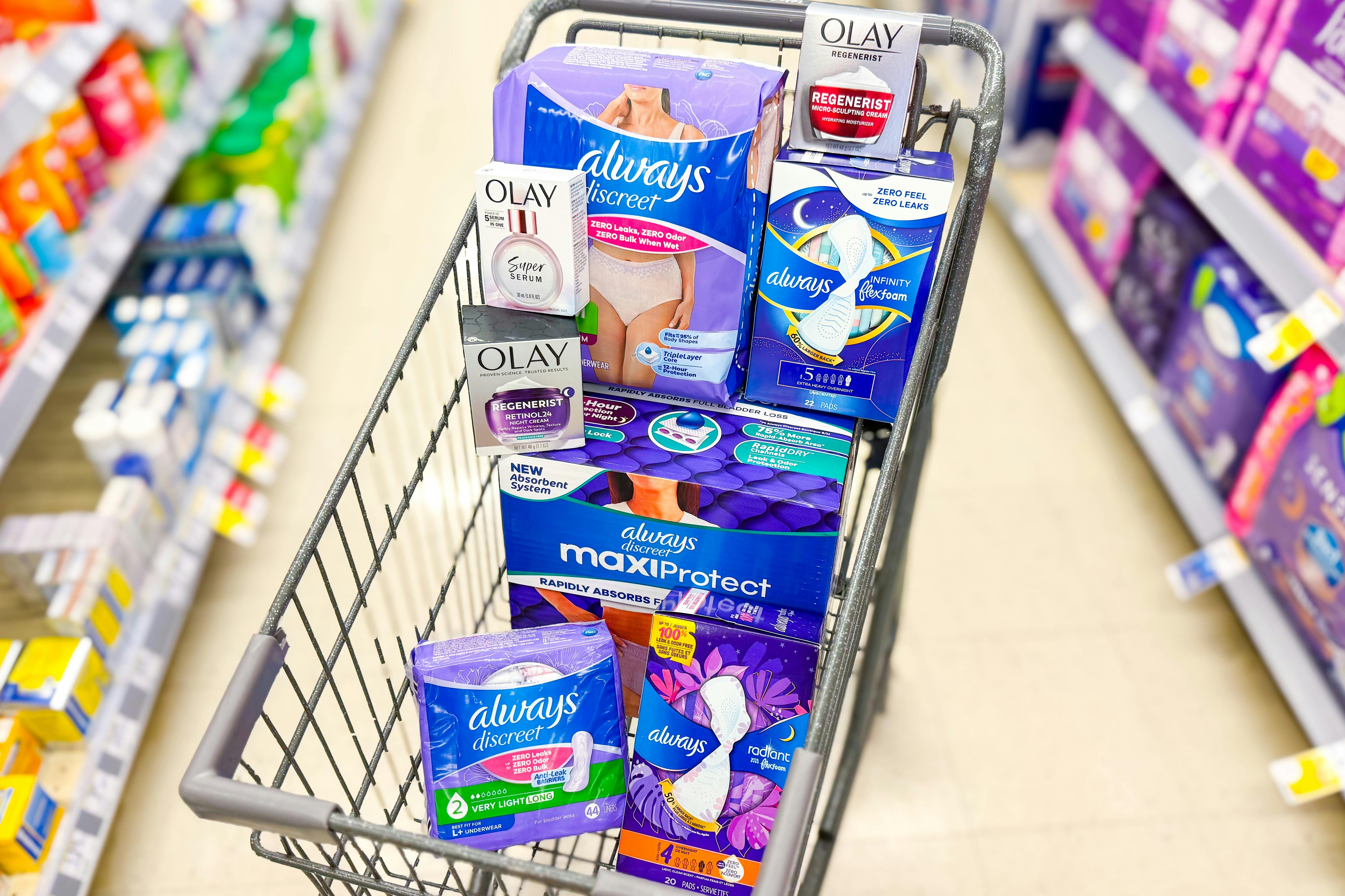 olay and always products in a walgreens shopping cart