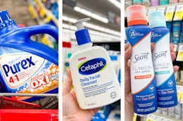 collage image of purex detergent, secret spray deodorant, and cetaphil cleanser