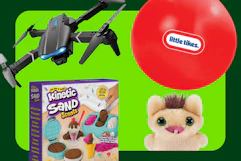 black drone, red bounceball, Kinetic sand ice cream set, mini Fuggler doll