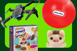 black drone, red bounceball, Kinetic sand ice cream set, mini Fuggler doll