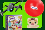 black drone, red bounceball, Kinetic sand ice cream set, mini Fuggler doll