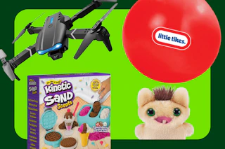 black drone, red bounceball, Kinetic sand ice cream set, mini Fuggler doll
