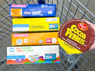 frosted flakes, cheerios, frosted mini wheats, cinnamon toast crunch, cocoa pebbles
