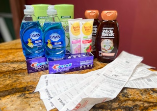 walgreens receipts and garnier whole blends and fructis shampoo and conditioner, dawn dish soap, burts bees toothpaste, crest toothpaste