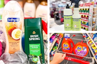 collage image of tide detergent, mrs meyers products, and softsoap and irish spring body wash