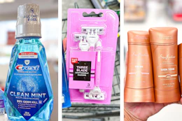 collage image of crest mouthwash, walgreens razors, and sheamoisture deodorant